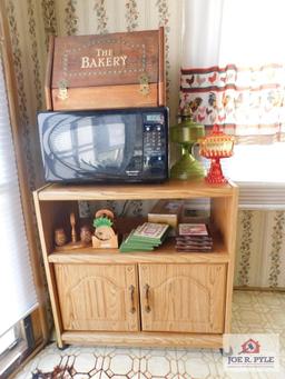 Sharp microwave & stand, covered compote, bread box, kitchen decorative items