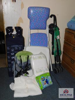 Infant sweater, highchair, playpen and diapers