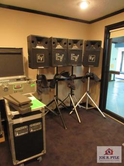 EV PA SYSTEM W/ 2 ATA CASES (CONSOL, STANDS, 4 SPEAKERS, CABLES)