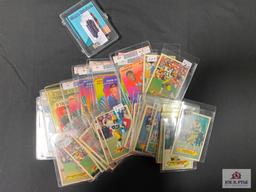 1970-80's Football insert lot: 25 assorted 1983 Topps stickers, 11 Topps 1970's shiny inserts, etc.