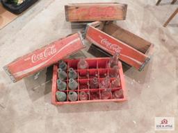 3 Wooden Coca-Cola Crates And 1 Plastic Bottle Tray With Glass Bottles