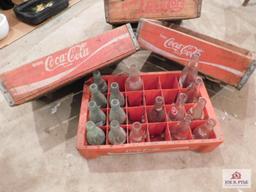 3 Wooden Coca-Cola Crates And 1 Plastic Bottle Tray With Glass Bottles