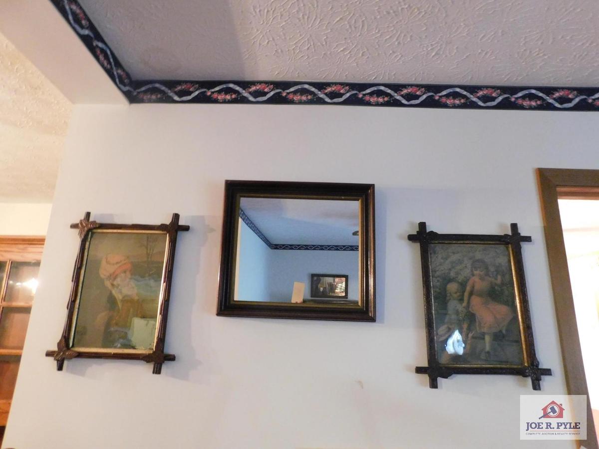 Antique framed pictures and mirror