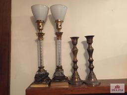 Pair antique glass lamps and brass candlesticks