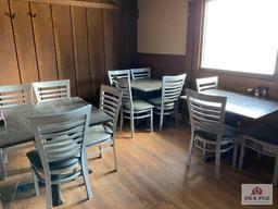 Three 3' wood tables & 11 metal dining chairs