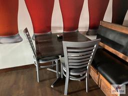 Three 3' wood tables, 2 sections of booth seating & 2 metal dining chairs