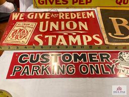 Metal signs: Emerson's Julep, Customer parking, Union Stamps, Please, etc