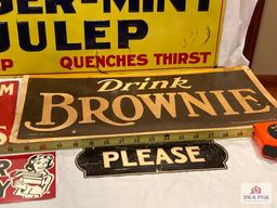 Metal signs: Emerson's Julep, Customer parking, Union Stamps, Please, etc