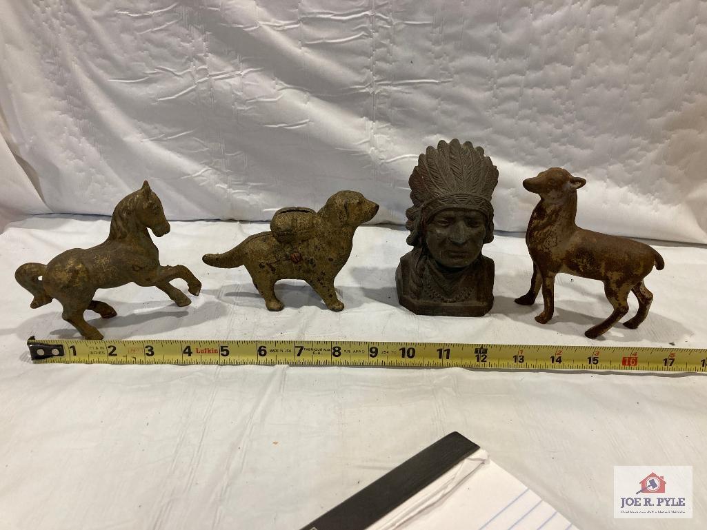 Cast iron banks: horse, dog, indian, and deer 4" to 5"