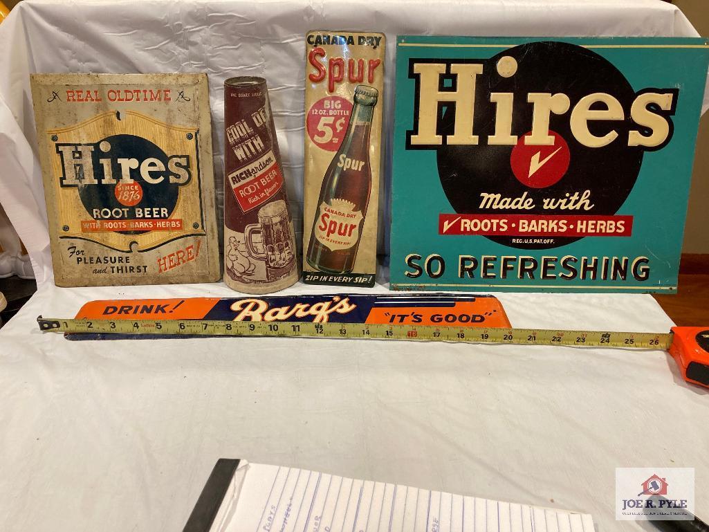 Hires, Spur, and Spur metal soda signs, Barge's metal door push, and Richardson root beer container