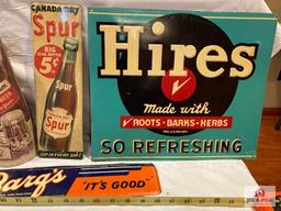 Hires, Spur, and Spur metal soda signs, Barge's metal door push, and Richardson root beer container
