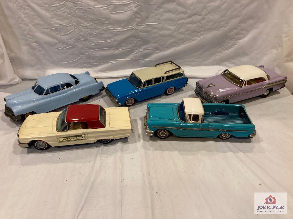 5 Tin or plastic friction promo cars 8" Bandai, Japan, etc