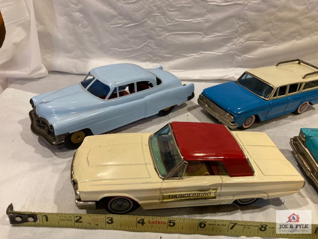 5 Tin or plastic friction promo cars 8" Bandai, Japan, etc