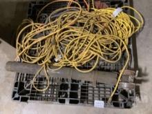 A PALLET OF, EXTENSION CORDS, FORK LIF MAST