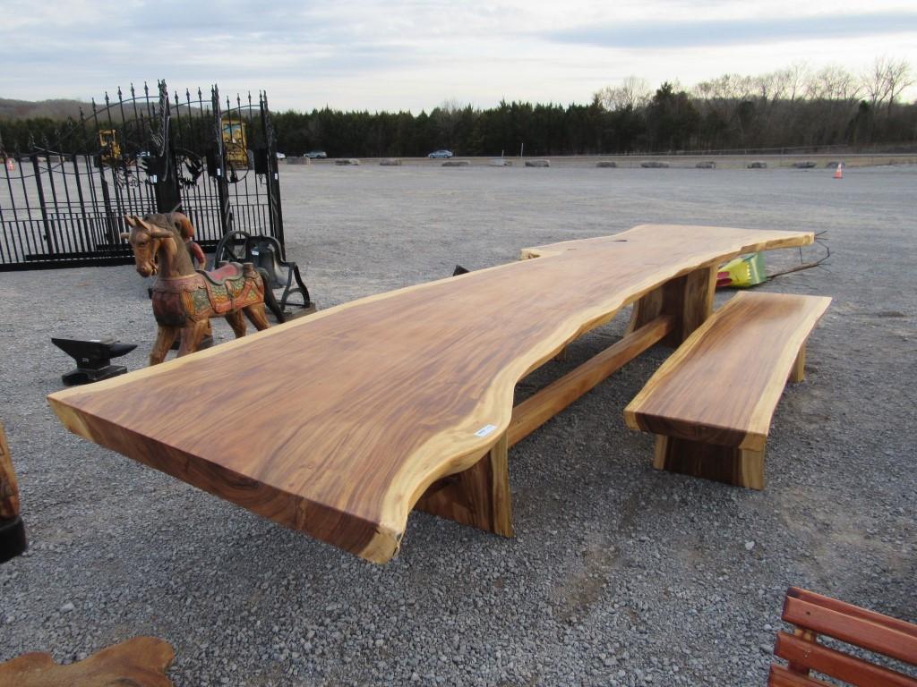 16' LIVE EDGE TEAK WOOD SLAB TABLE W/BENCHES