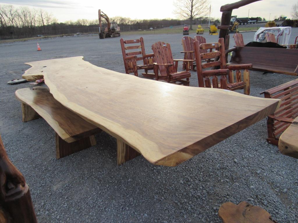 16' LIVE EDGE TEAK WOOD SLAB TABLE W/BENCHES