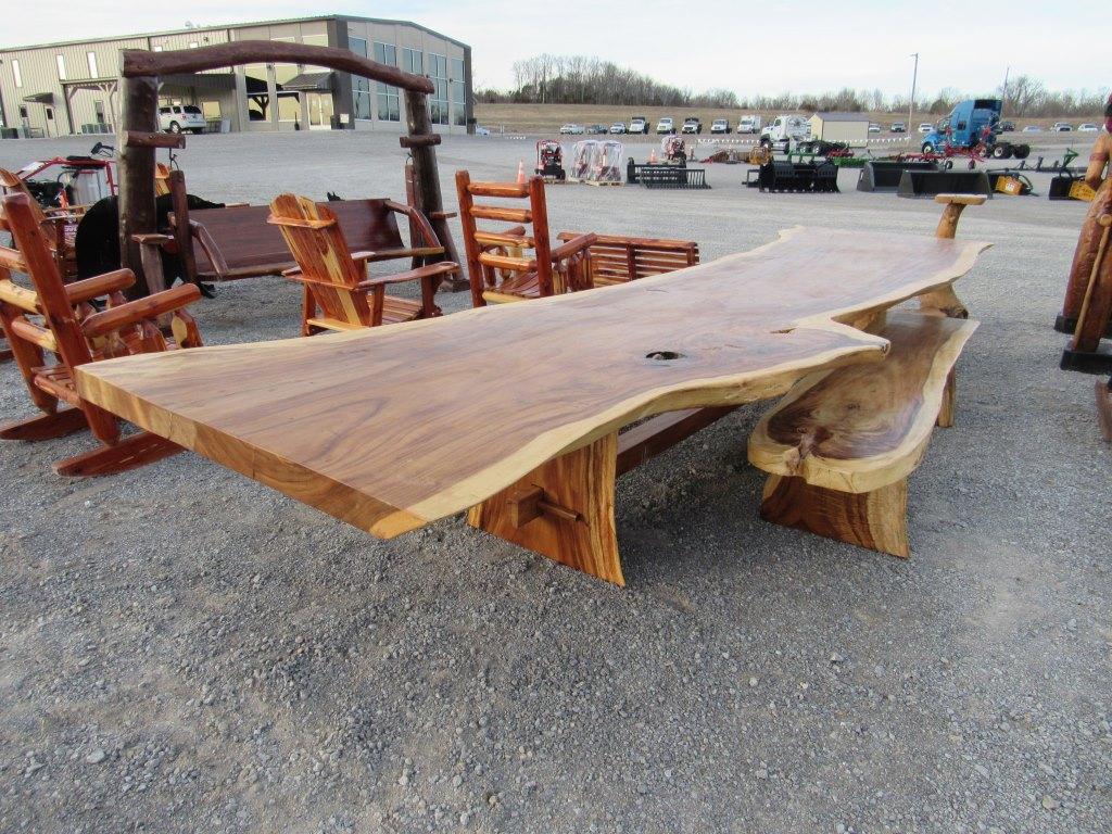 16' LIVE EDGE TEAK WOOD SLAB TABLE W/BENCHES