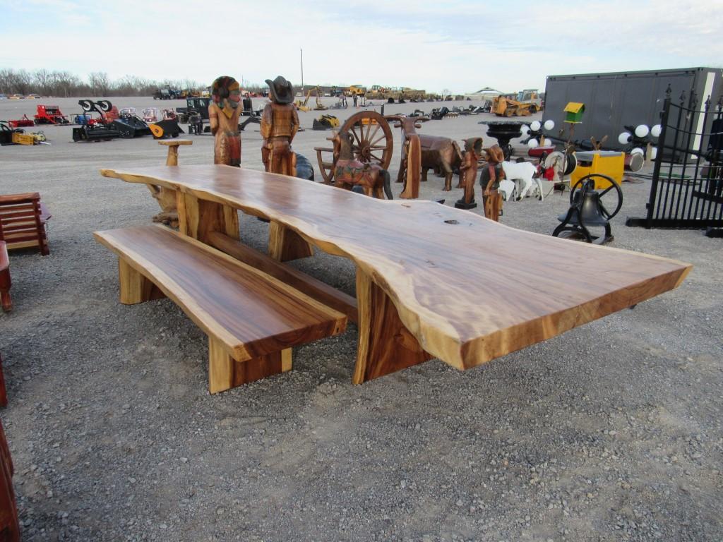 16' LIVE EDGE TEAK WOOD SLAB TABLE W/BENCHES