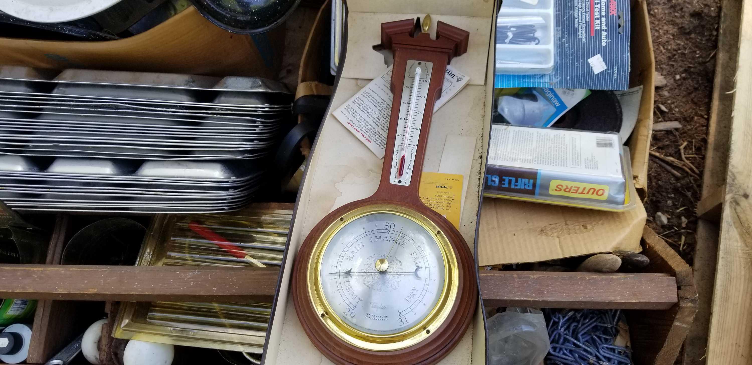 Kerosene Lamp; Welders Mask; Barometer Clock; Wooden Tool Box