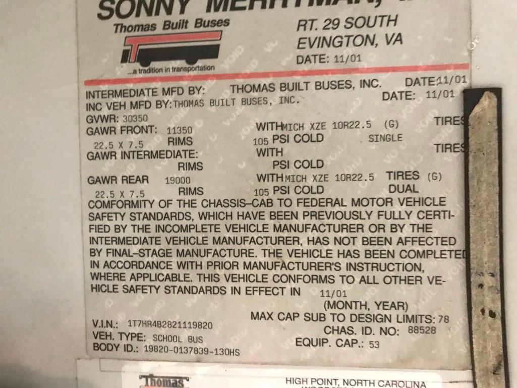 2001 Thomas Built Wheel Chair Accessible School Bus(UNIT# 110)INOPERABLE