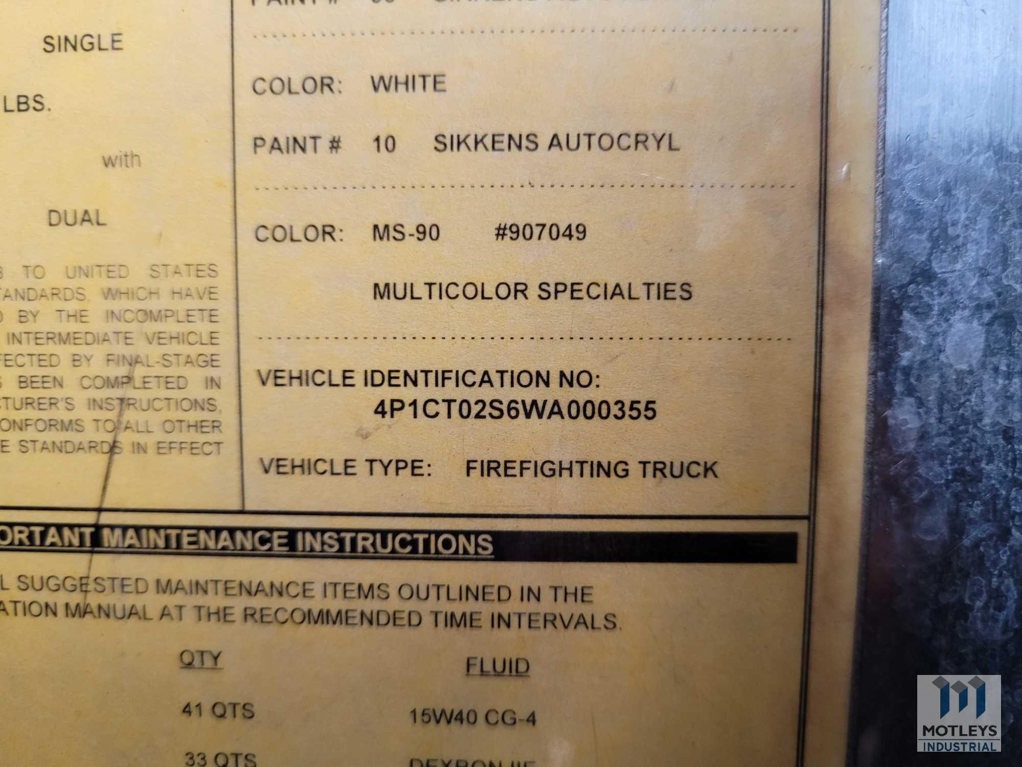 1998 Pierce Model Fire Truck, VIN # 4P1CT02S6WA000355