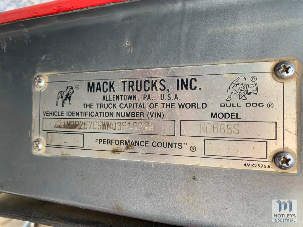 1998 Mack RD688S TRI-AXLE DUMP Truck, VIN # 1M2P267C9WM036102 OFFSITE: ROANOKE, VA.