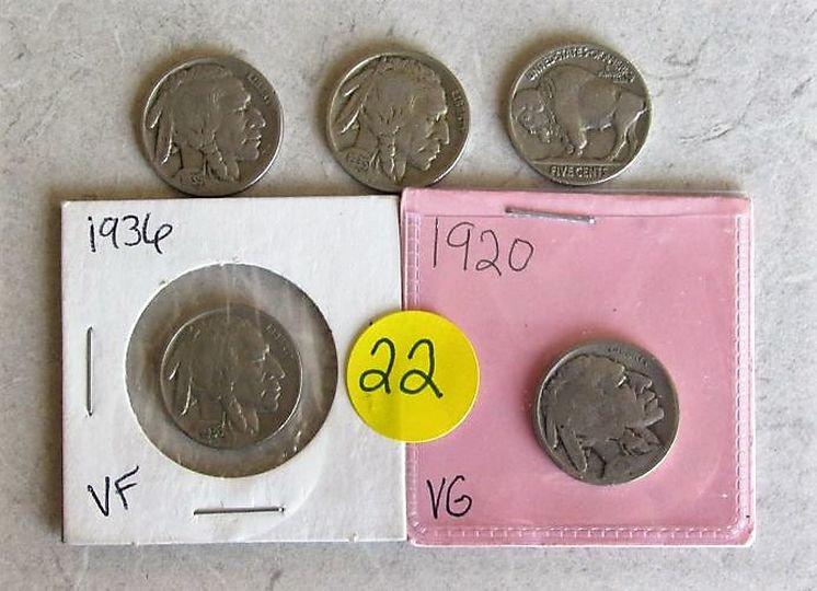 1920 VG 1935 (2 qty) VF & 1936 (2 qty) VF Buffalo Nickels