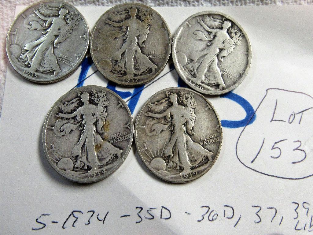 (5) Walking Liberty Halves 1934,35D,36D,37,39