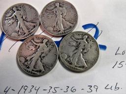 (4) Walking Liberty Halves 1934,35,36,39