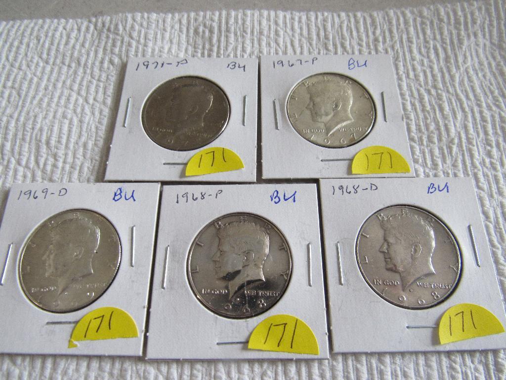 (5) Kennedy Half Dollars, all BU