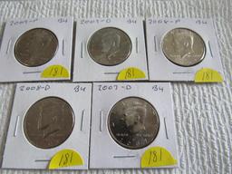 (5) Kennedy Half Dollars, all BU