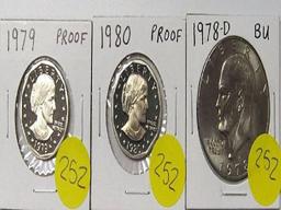 1979 Proof, 1980 Proof Susan B Anthony, 1978-D BU Ike Dollar