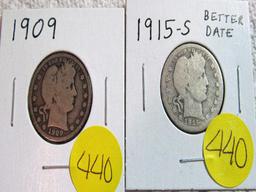 1909, 1915-S Barber Quarters