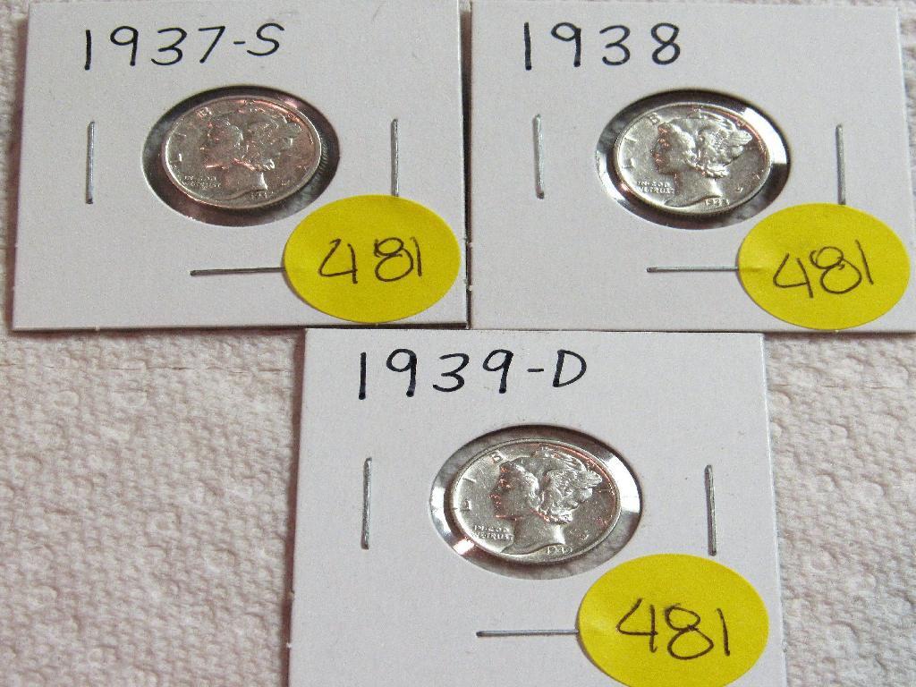 1937-S, 1938, 1939-D Mercury Dimes