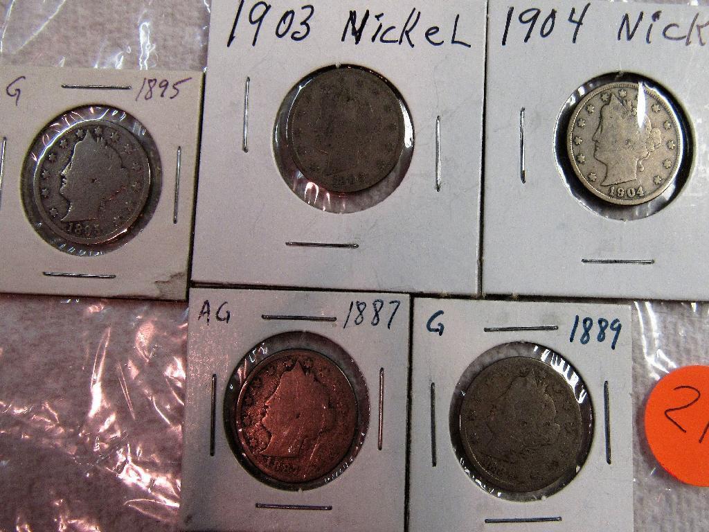 1887,1889,1895,1903, 1904 Nickels