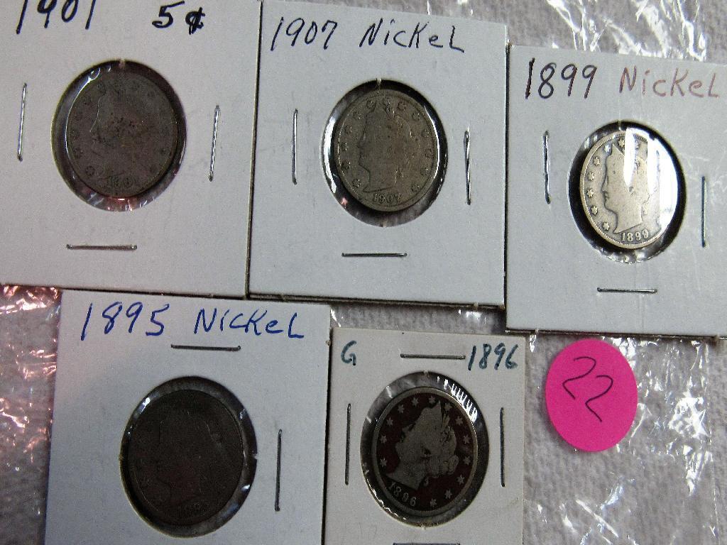 1895,1896,1899,1901,1907 Nickels