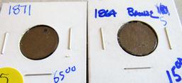 1864 bronze indian head cent and 1871 holed indian head cent