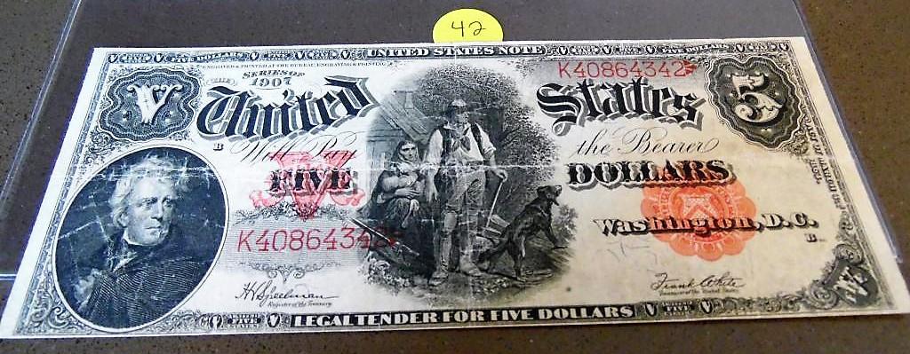 1907 Five dollar large note (wood chopper)