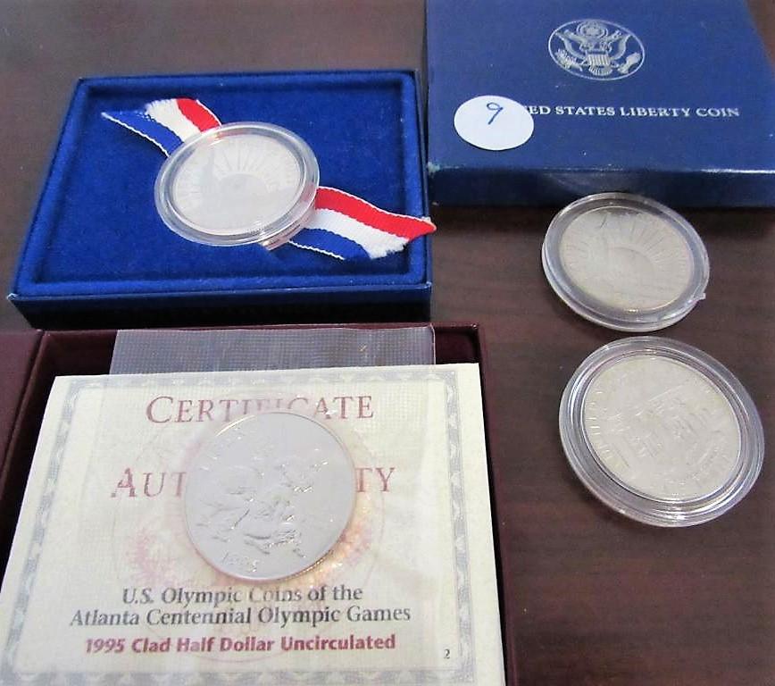 proof 1995 olympic comm. half dollar w/box and 3 proof statue of liberty half dollars