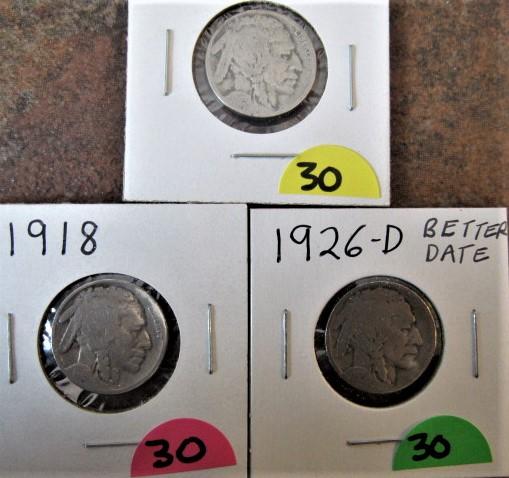 1918, 1923-S, 1926-D Buffalo Nickels