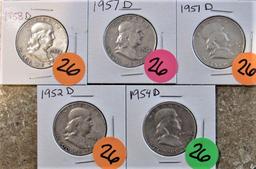 1951-D, 52-D 54-D, 57-D 58-D Franklin Half