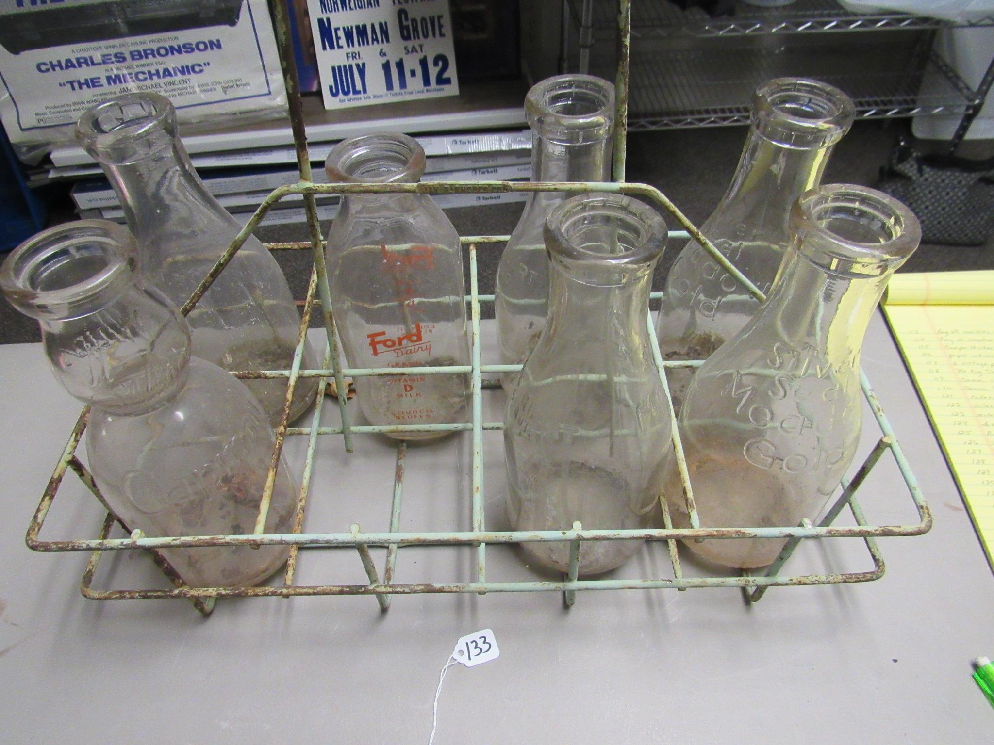 7 Glass Milk Bottles w/Metal Carrier