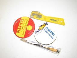 2 Planters Peanuts Lids, a pen, Envelope opener