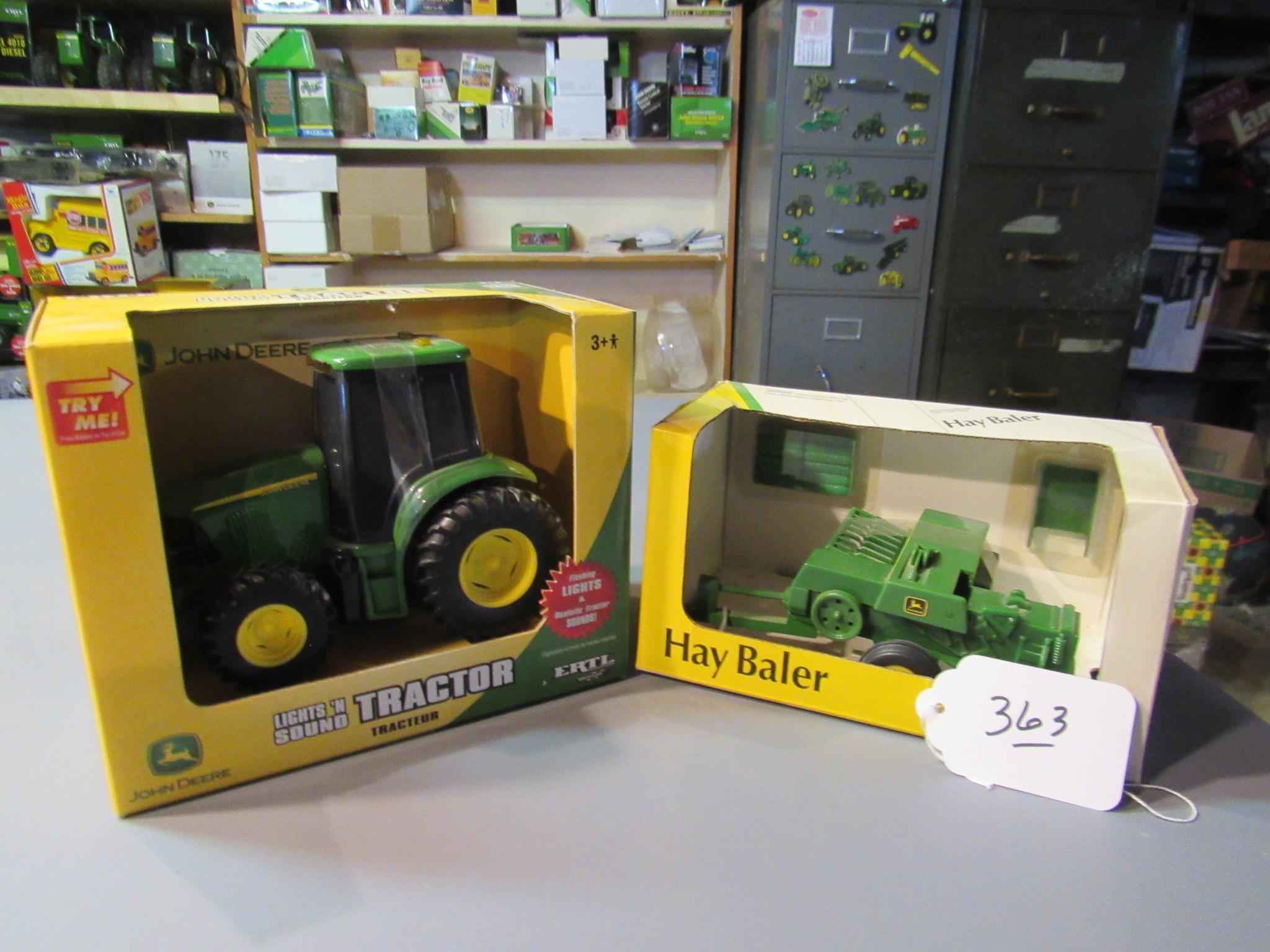 Diecast JD hay baler & plastic tractor with lights and sound  W/box