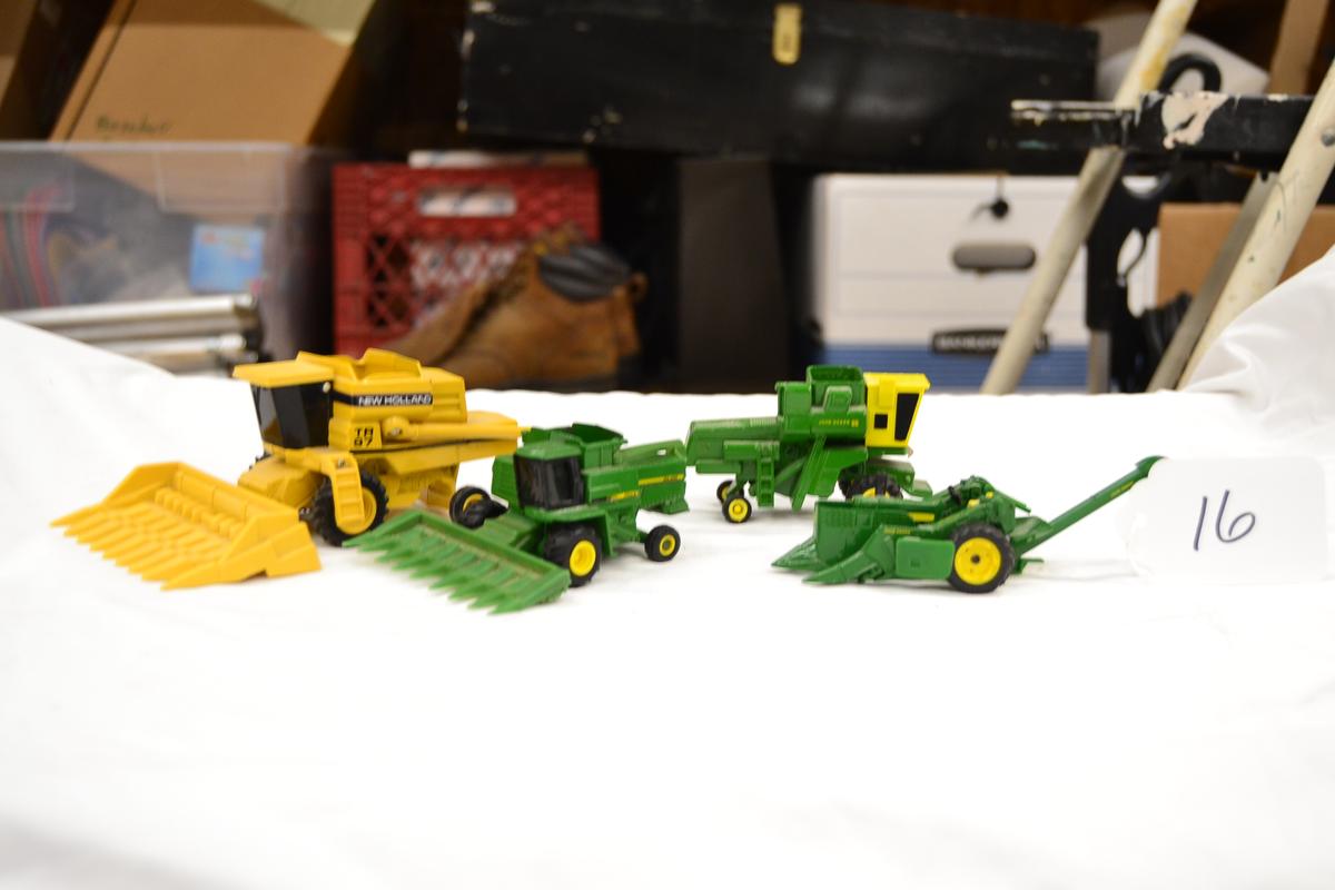 JD diecast mini combine, corn picker & 98 combine, yellow new holland combine
