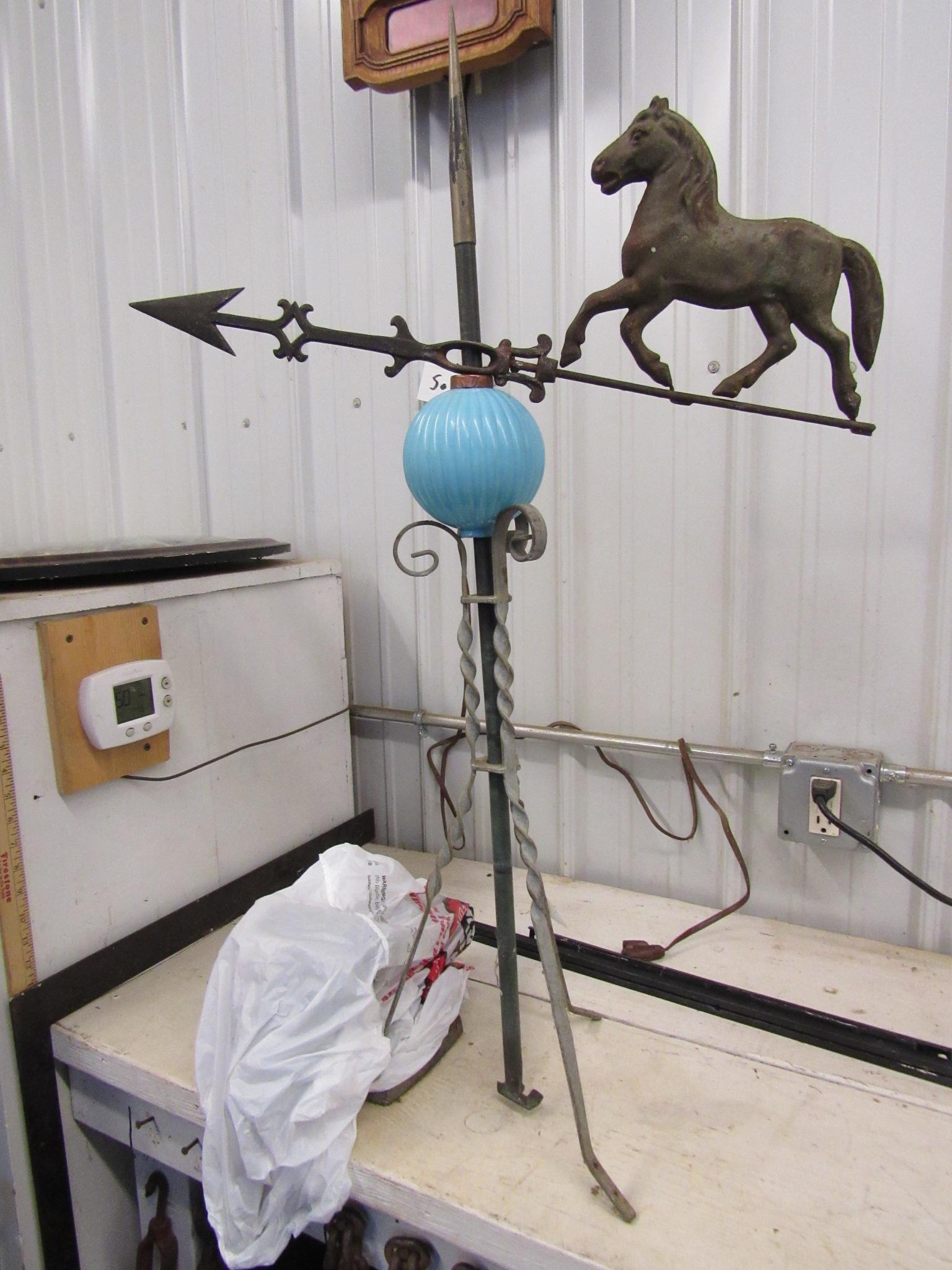 Horse Directional Weather Vane with Blue Lightning Bulb