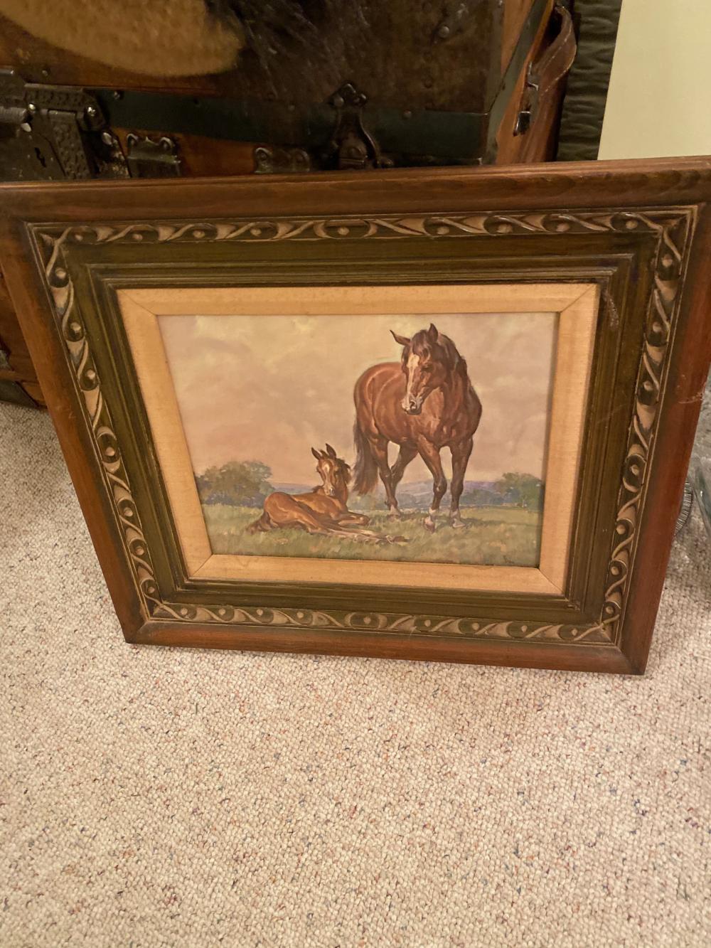 Framed horse and fowl painting