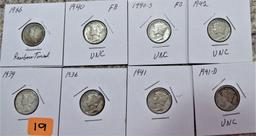 8 Mercury Dimes UNC