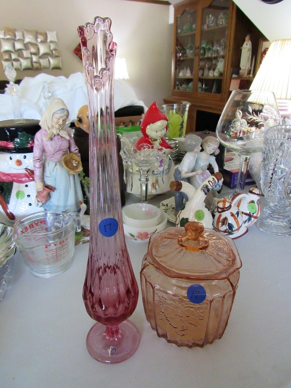 Pink Depression Glass Jar and Flower Vase