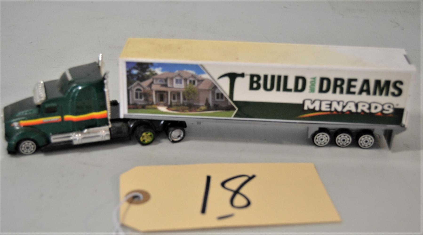 5 small Menard's toy semi trucks